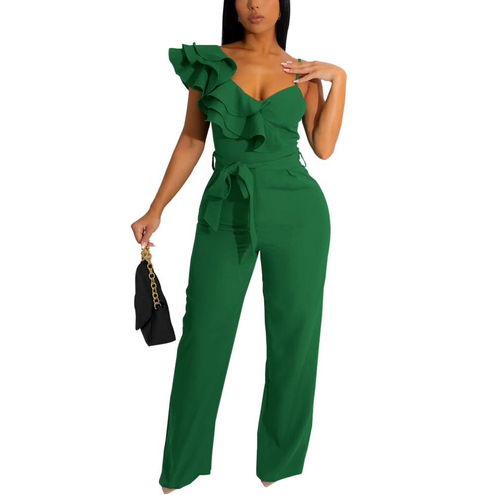 HBQ Womens Casual One Piece Jumpsuits V-Neck Sleeveless Ruffle Elegant Romper Wide Leg Pant Sexy Party Clubwear Overalls
