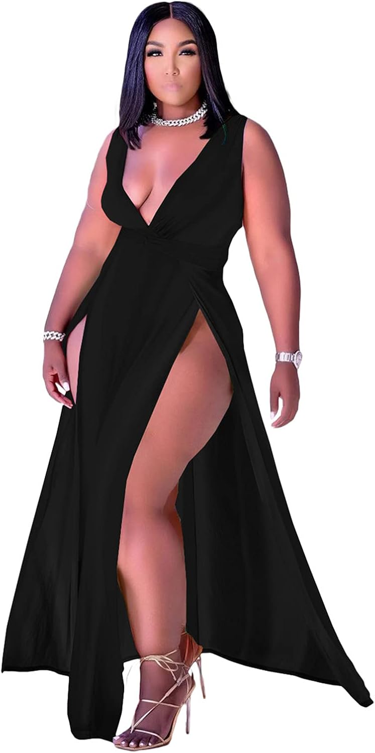 Women's Plus Size Maxi Wrap Dress Sleeveless Deep V Neck Split Dress