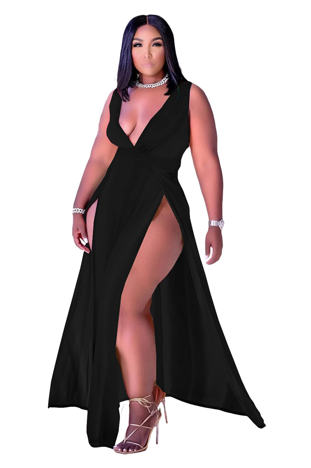 Women's Plus Size Maxi Wrap Dress Sleeveless Deep V Neck Split Dress
