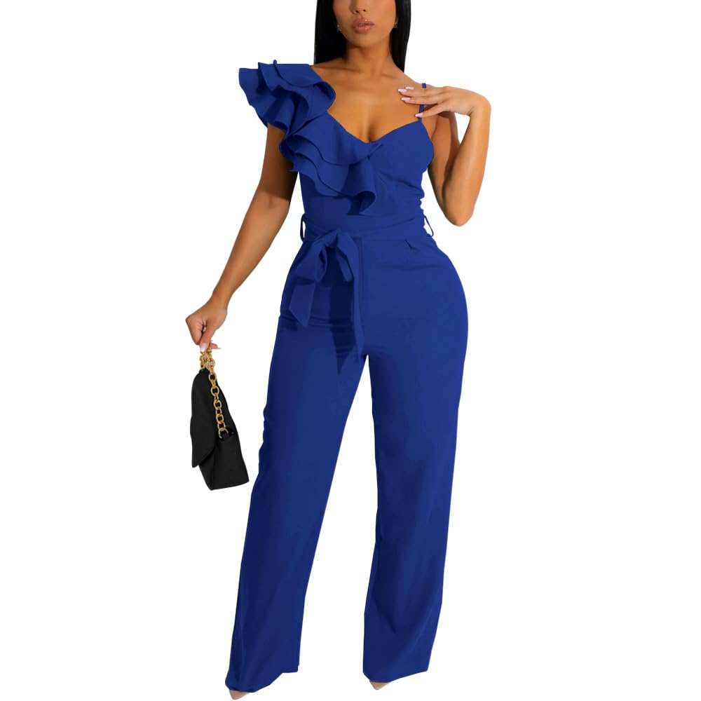 HBQ Womens Casual One Piece Jumpsuits V-Neck Sleeveless Ruffle Elegant Romper Wide Leg Pant Sexy Party Clubwear Overalls