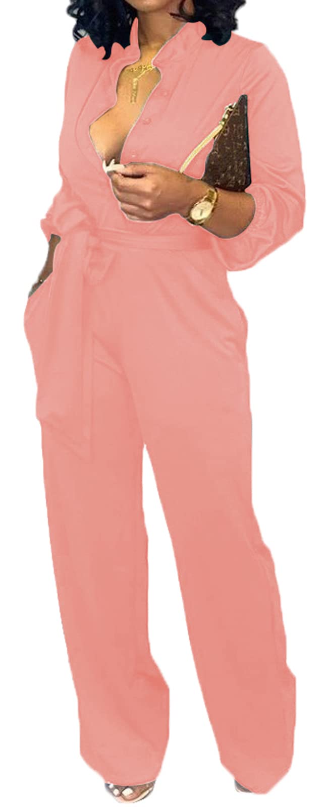 Women Jumpsuits For Elegant Sexy V Neck Long Sleeve Casual for Work Wide Leg Pants with Pockets Belt