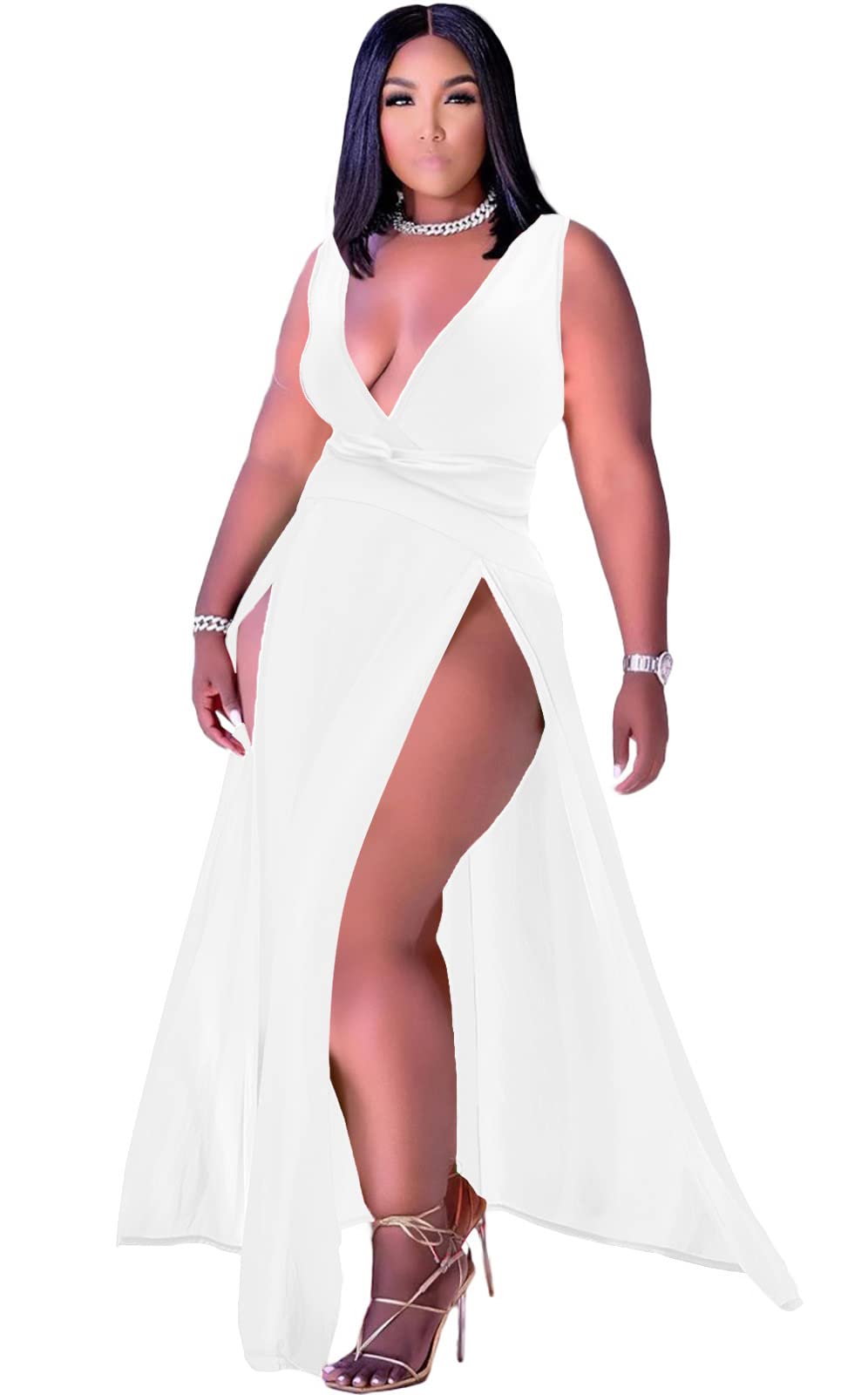 Women's Plus Size Maxi Wrap Dress Sleeveless Deep V Neck Split Dress