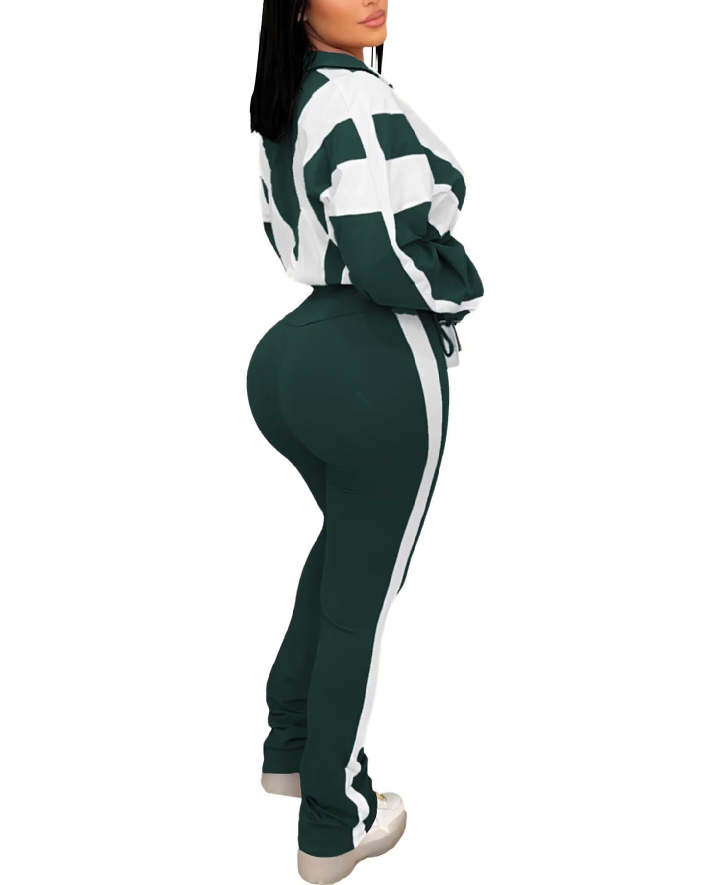Remelon Womens 2 Piece Sweatsuits Color Block Long Sleeve Zipper Cropped Jacket Legging Pants Set Tracksuit Jogger Outfits