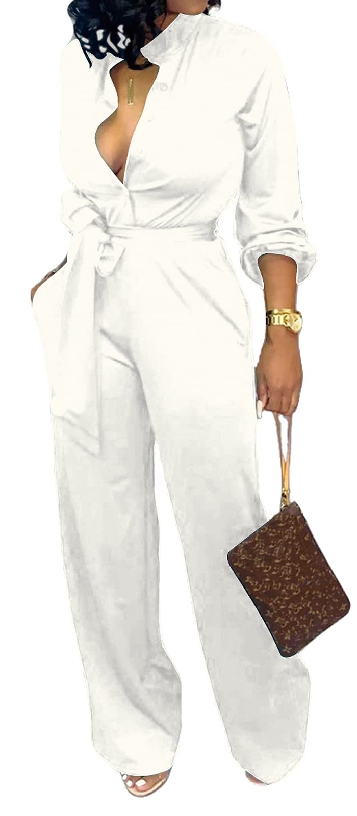 Women Jumpsuits For Elegant Sexy V Neck Long Sleeve Casual for Work Wide Leg Pants with Pockets Belt