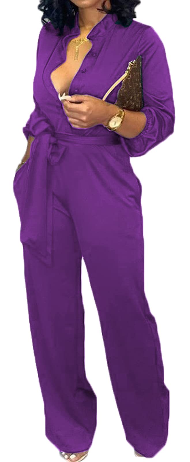 Women Jumpsuits For Elegant Sexy V Neck Long Sleeve Casual for Work Wide Leg Pants with Pockets Belt
