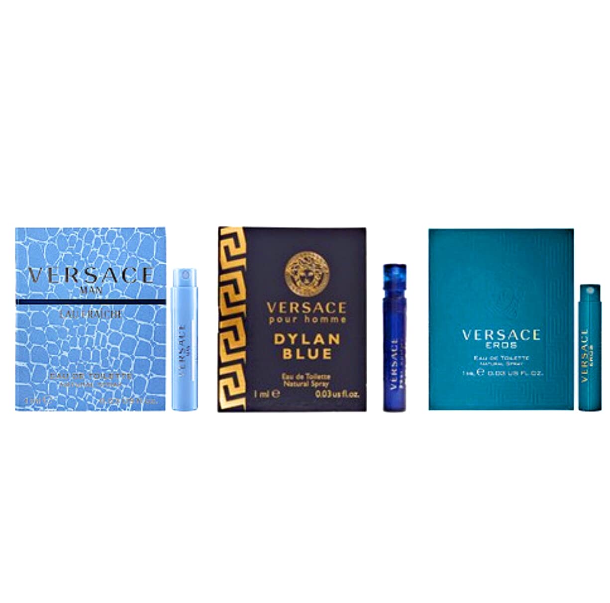 Set de 4 mini perfumes Versace para hombre: Eros, Pour Homme, Dylan Blue, Eau Fraiche. Muestras de perfumes para hombre (4 unidades, 0.17 oz). 