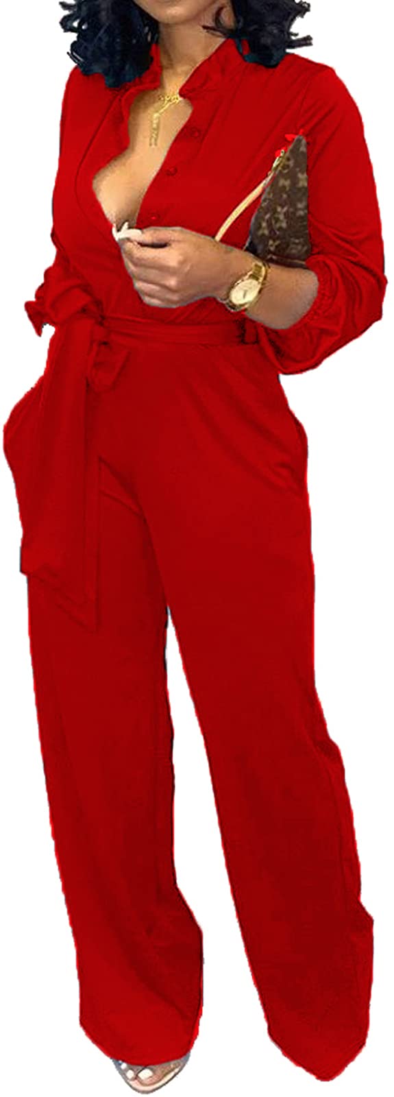 Women Jumpsuits For Elegant Sexy V Neck Long Sleeve Casual for Work Wide Leg Pants with Pockets Belt