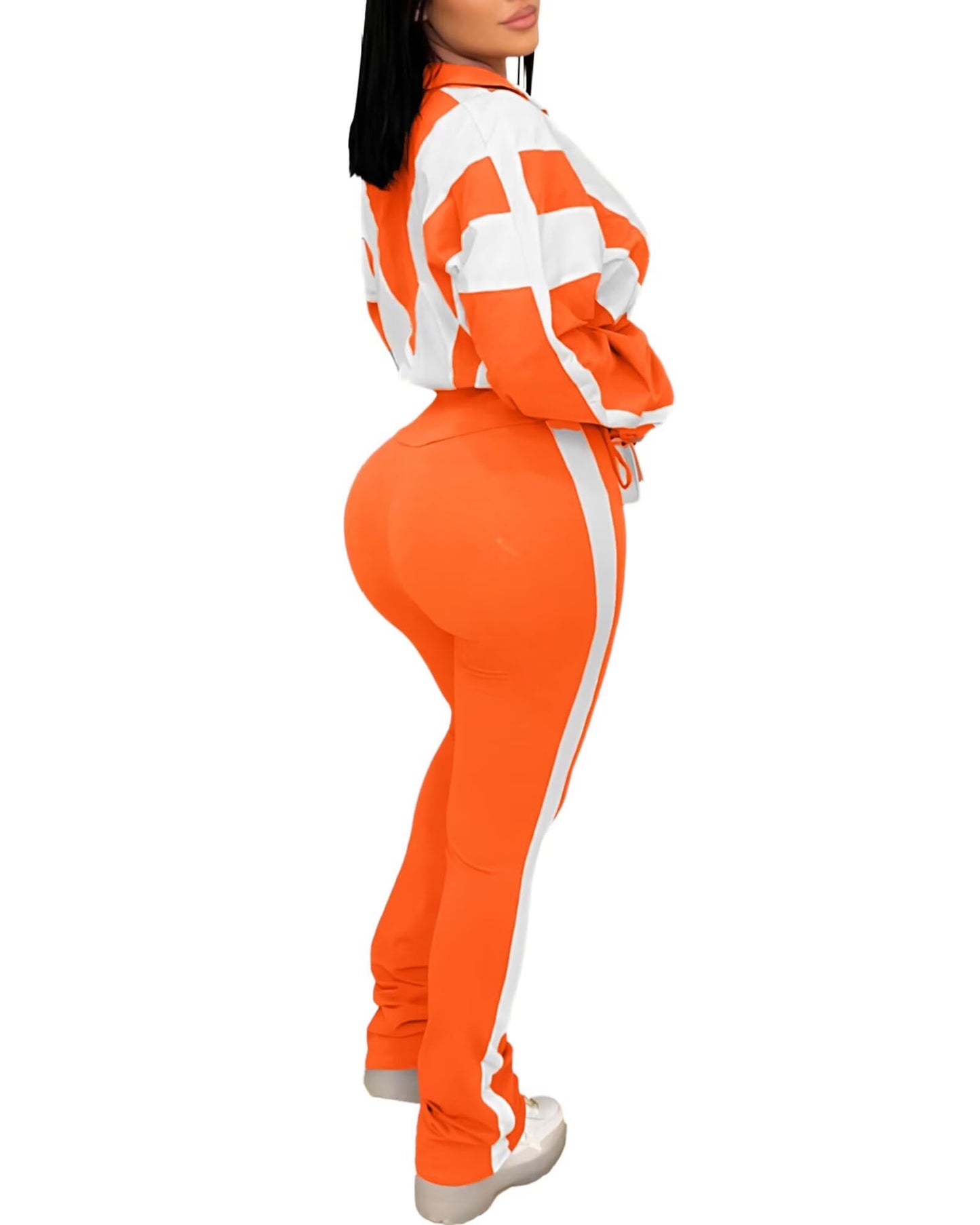 Remelon Womens 2 Piece Sweatsuits Color Block Long Sleeve Zipper Cropped Jacket Legging Pants Set Tracksuit Jogger Outfits