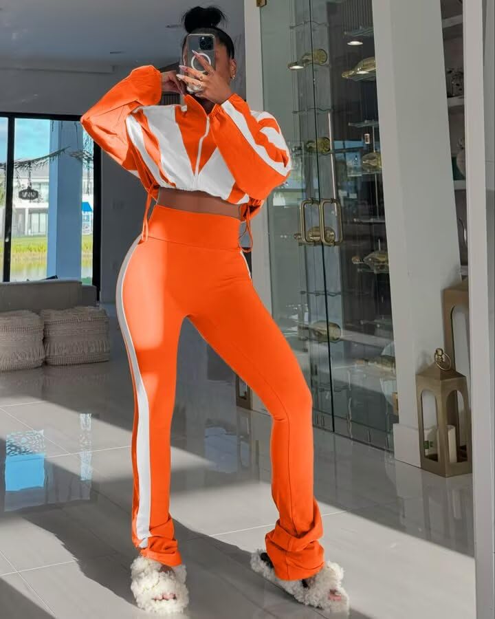 Remelon Womens 2 Piece Sweatsuits Color Block Long Sleeve Zipper Cropped Jacket Legging Pants Set Tracksuit Jogger Outfits