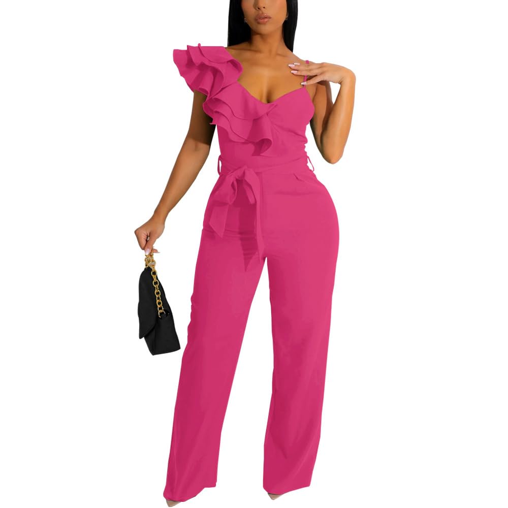 HBQ Womens Casual One Piece Jumpsuits V-Neck Sleeveless Ruffle Elegant Romper Wide Leg Pant Sexy Party Clubwear Overalls