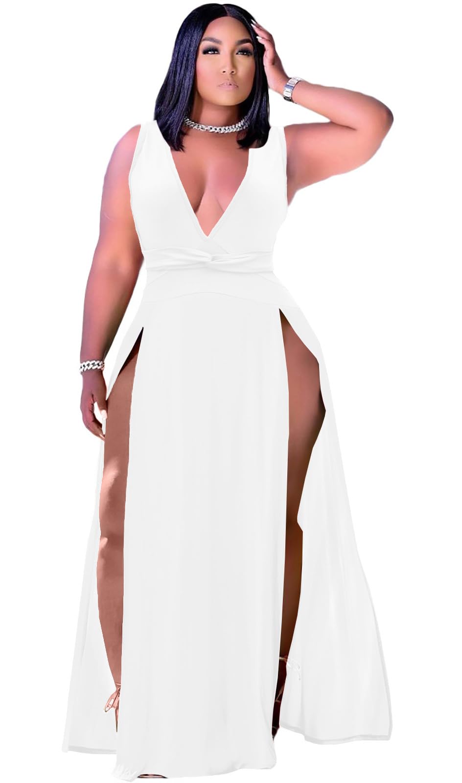 Women's Plus Size Maxi Wrap Dress Sleeveless Deep V Neck Split Dress