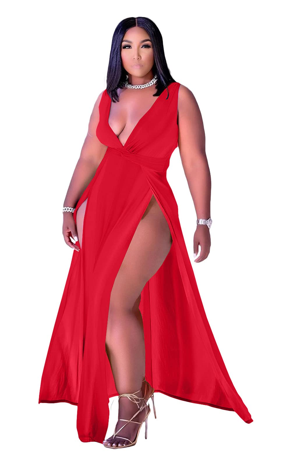 Women's Plus Size Maxi Wrap Dress Sleeveless Deep V Neck Split Dress