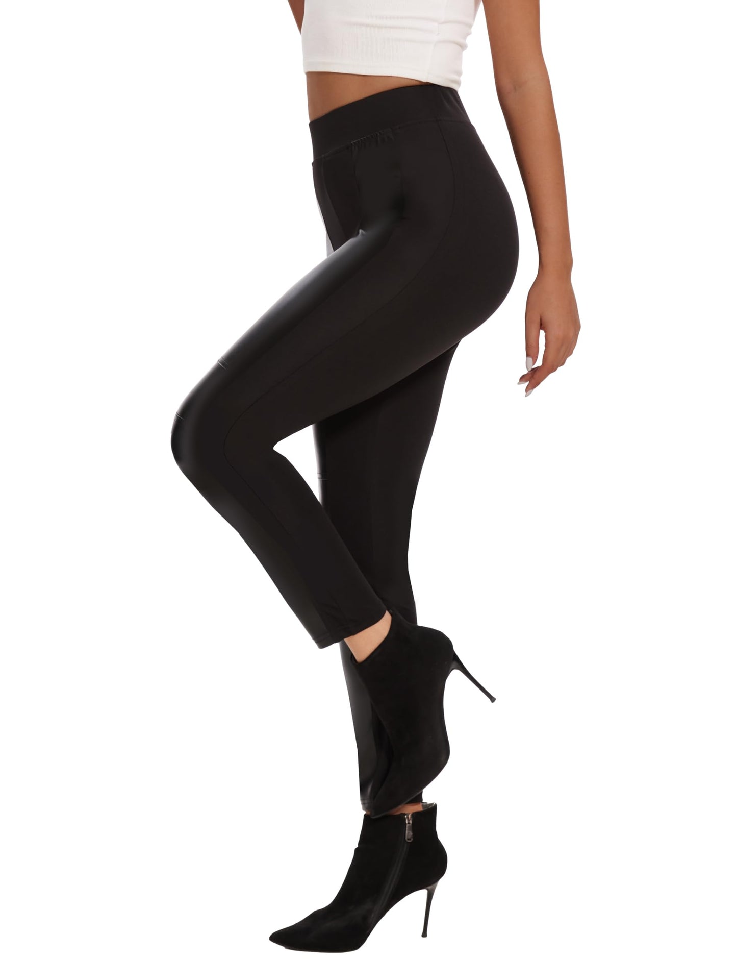 Faux Leather Leggings for Women Pleather Pant Elastic Mid Waisted Stretchy Patch Zip Tights