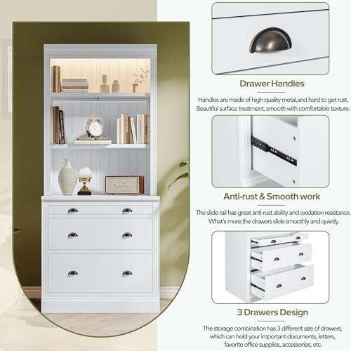 Merax 83.4" Tall Storage Bookshelf Bookcase Suite 2-Piece Set with LED Lighting,3 Drawer and Open Shelves for Home Office,White