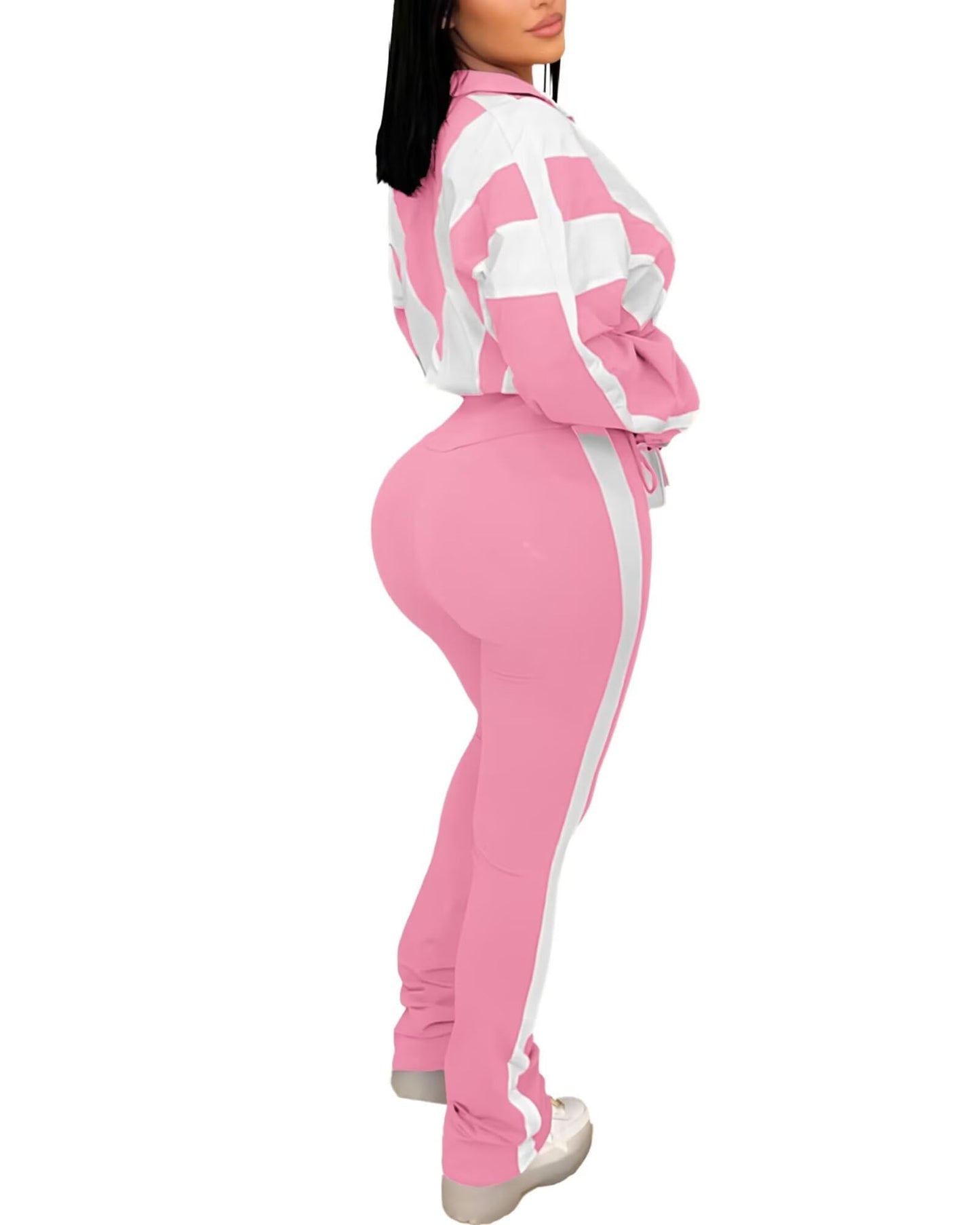 Remelon Womens 2 Piece Sweatsuits Color Block Long Sleeve Zipper Cropped Jacket Legging Pants Set Tracksuit Jogger Outfits