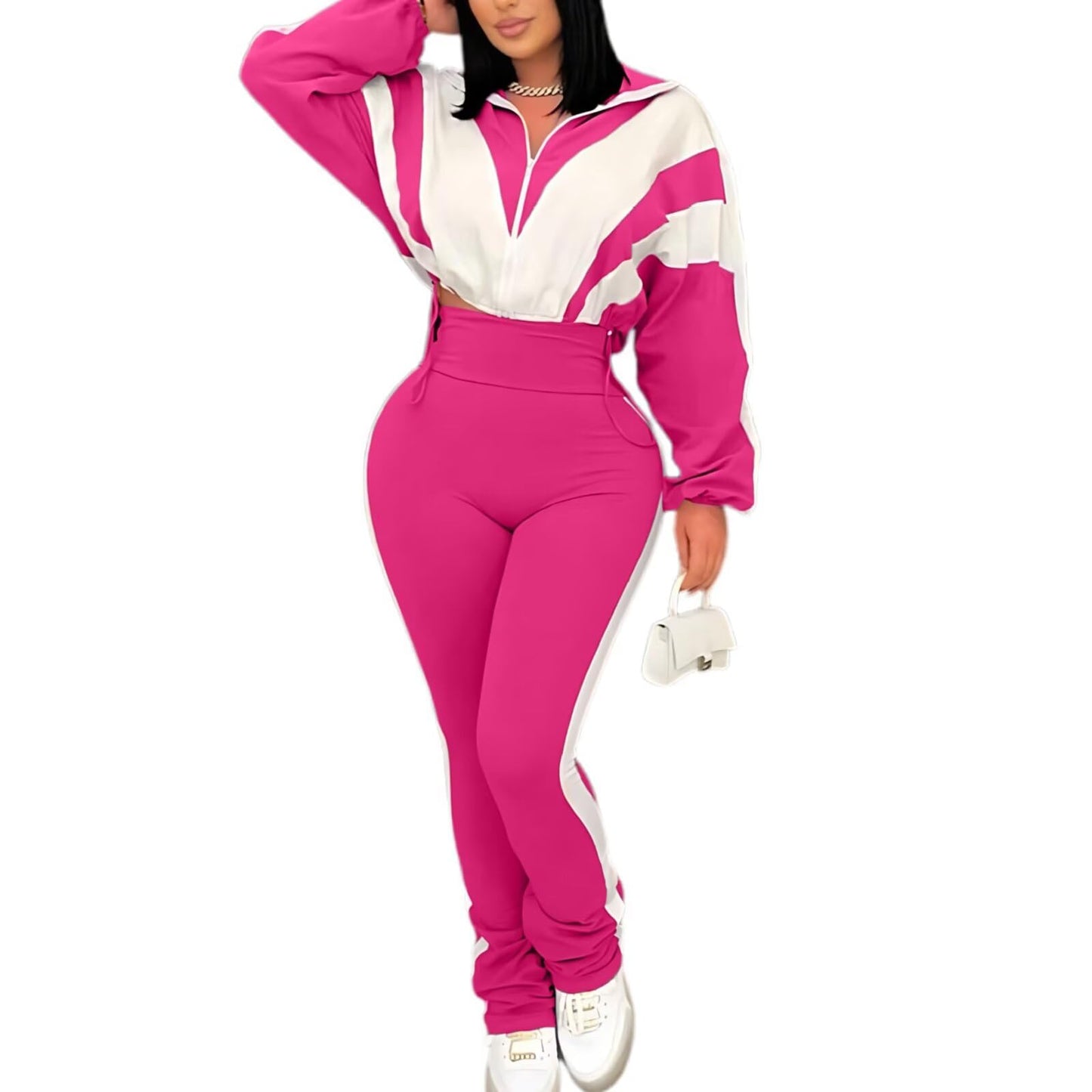 Remelon Womens 2 Piece Sweatsuits Color Block Long Sleeve Zipper Cropped Jacket Legging Pants Set Tracksuit Jogger Outfits