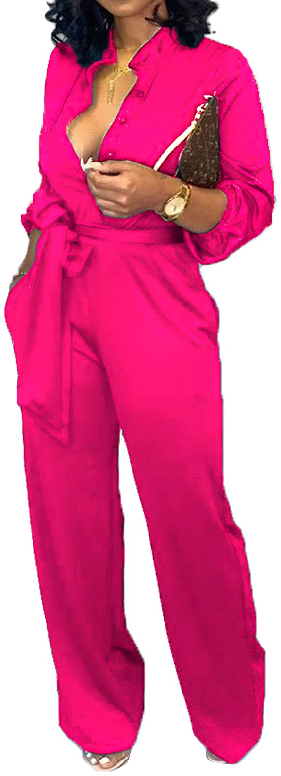 Women Jumpsuits For Elegant Sexy V Neck Long Sleeve Casual for Work Wide Leg Pants with Pockets Belt