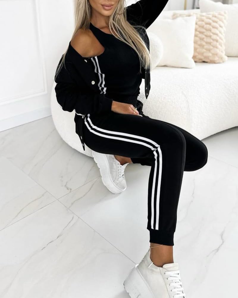 CHICME Women's Three Piece Outfits Striped Tape Patch Tank Tops Bomber Jacket with Sporty Pants Tracksuit Lounge Sets