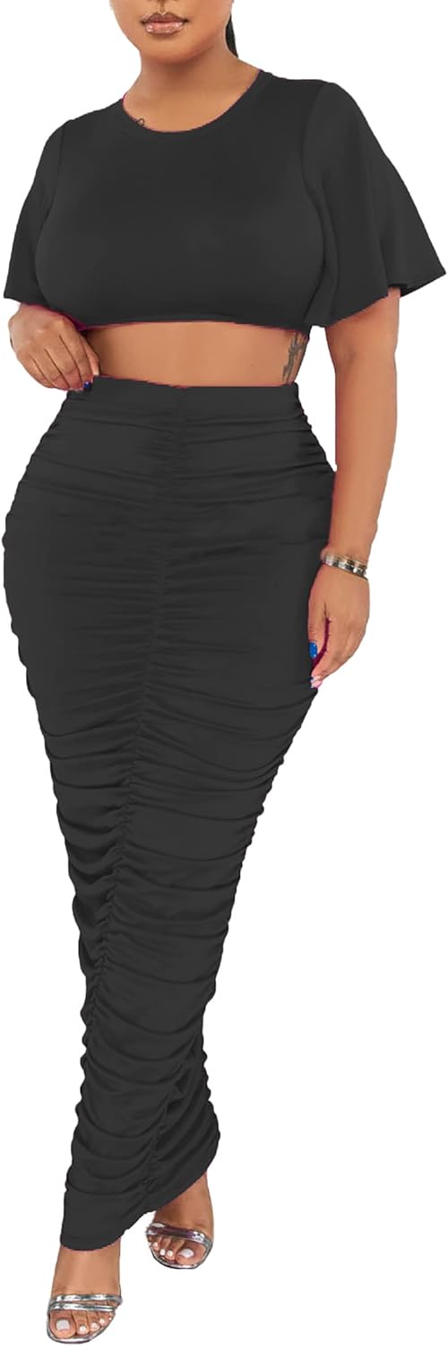 2 Piece Outfits for Women Sexy Crop Top Ruched Bodycon Maxi Dresses Fringe Skirt Sets Night Club Jumpsuits