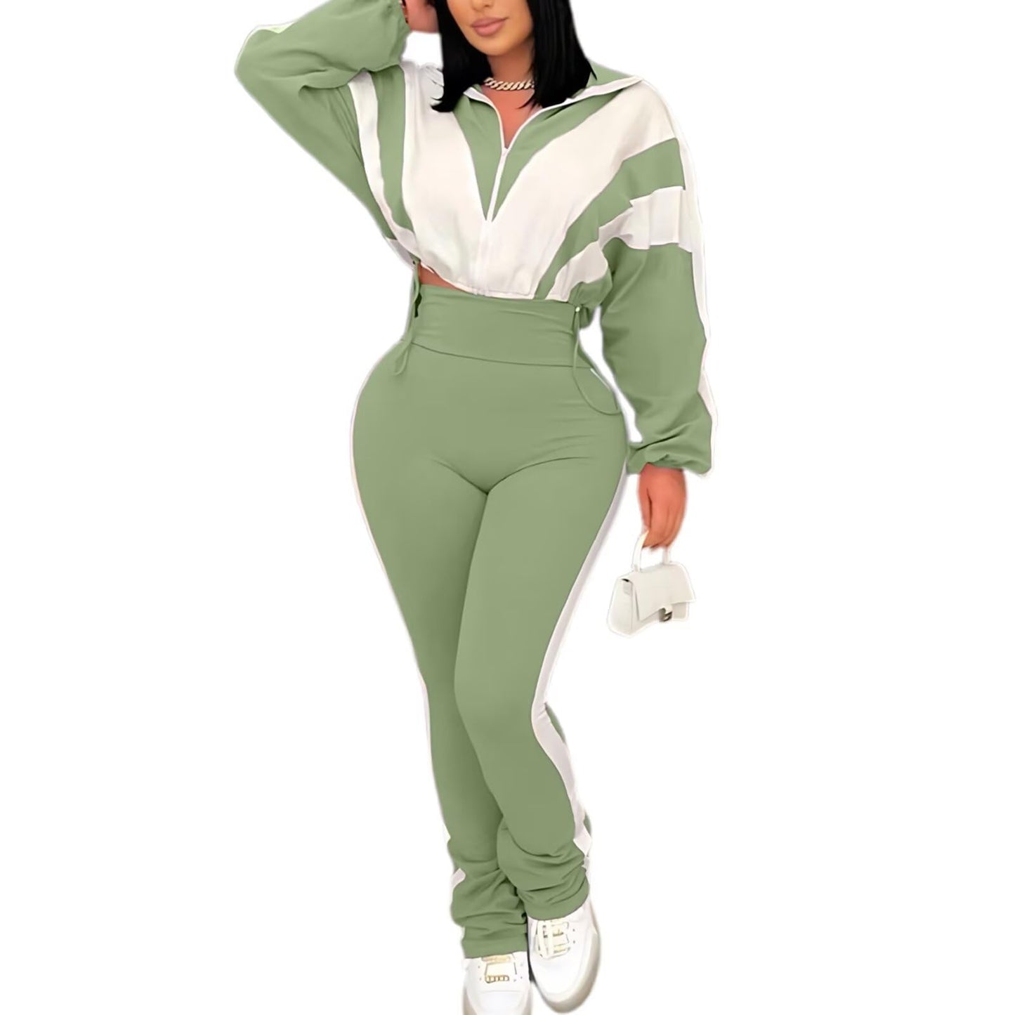 Remelon Womens 2 Piece Sweatsuits Color Block Long Sleeve Zipper Cropped Jacket Legging Pants Set Tracksuit Jogger Outfits