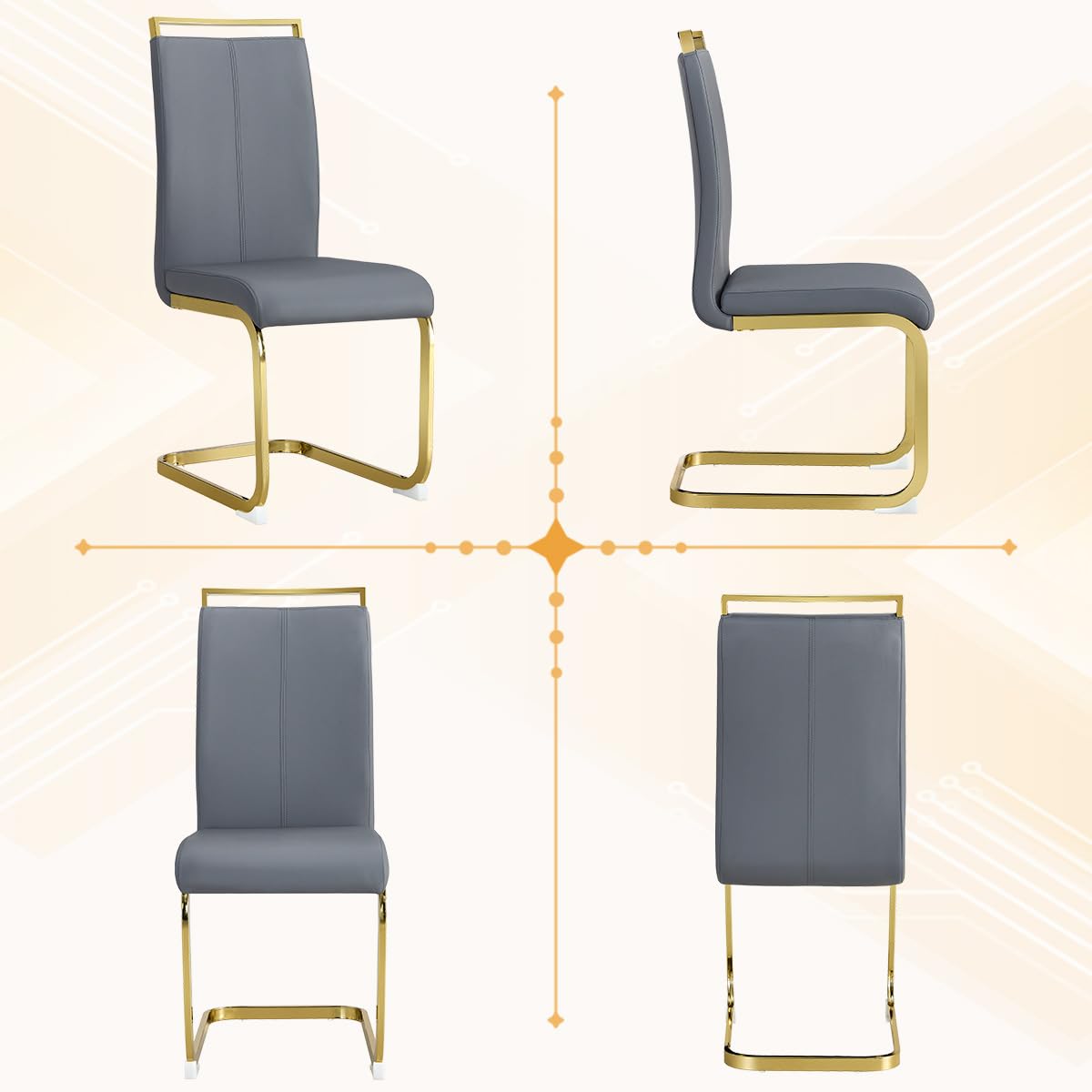 AZmac Modern Dining Table Set for 8 with Gold Metal Frame, 9-Piece Glass Dining Table with PU High Back Chairs for Kitchen Dining Room, Glass Table and 8 White Chairs