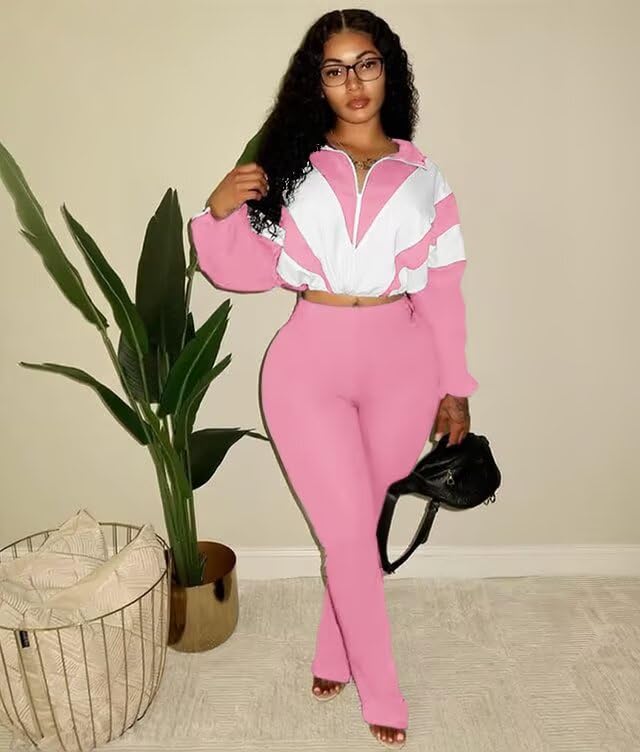 Remelon Womens 2 Piece Sweatsuits Color Block Long Sleeve Zipper Cropped Jacket Legging Pants Set Tracksuit Jogger Outfits