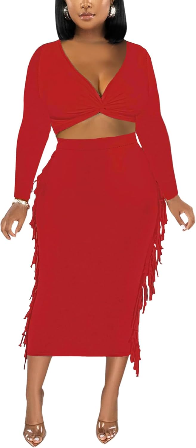 2 Piece Outfits for Women Sexy Crop Top Ruched Bodycon Maxi Dresses Fringe Skirt Sets Night Club Jumpsuits