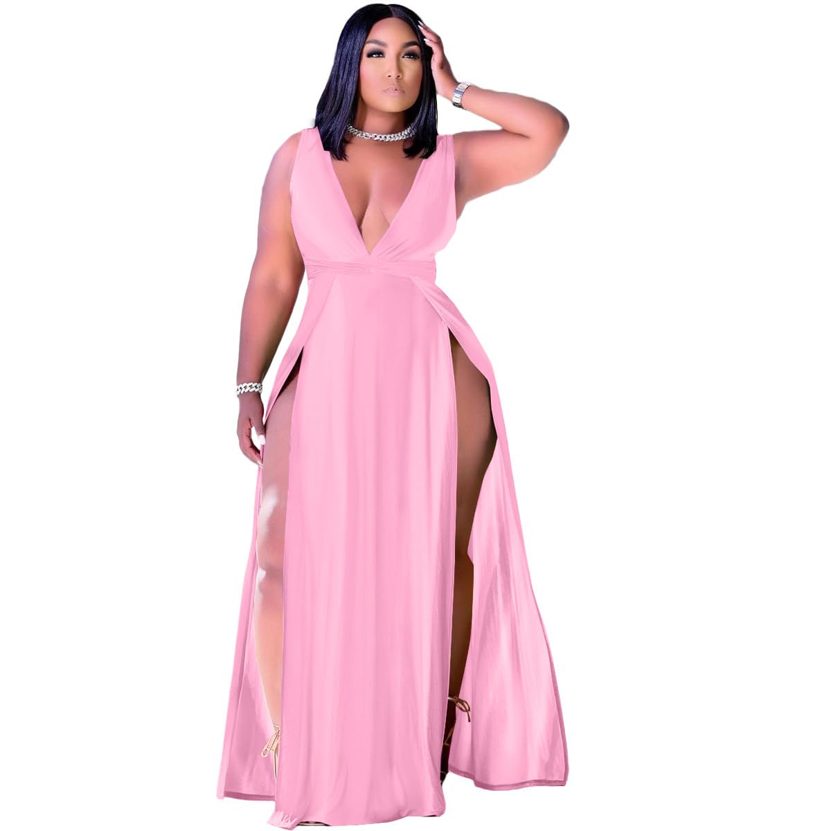Women's Plus Size Maxi Wrap Dress Sleeveless Deep V Neck Split Dress