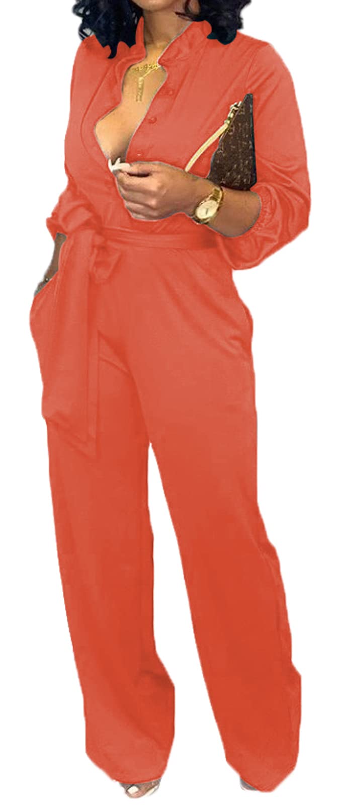 Women Jumpsuits For Elegant Sexy V Neck Long Sleeve Casual for Work Wide Leg Pants with Pockets Belt