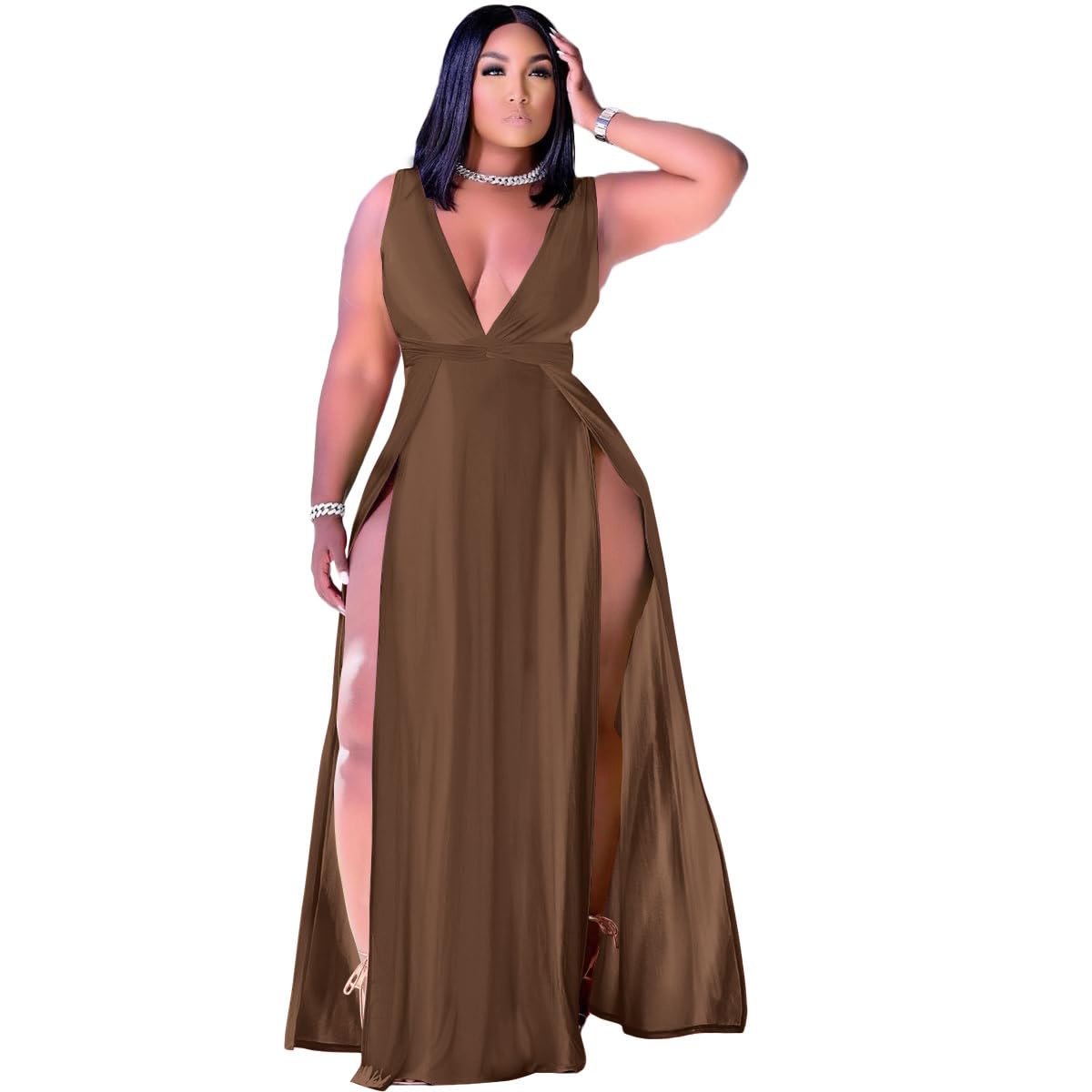 Women's Plus Size Maxi Wrap Dress Sleeveless Deep V Neck Split Dress