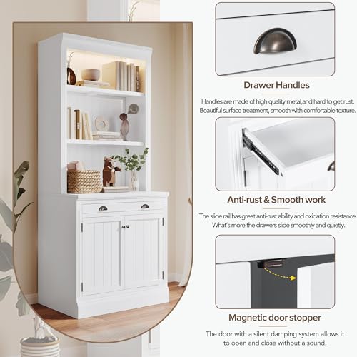 Merax 83.4" Tall Storage Bookshelf Bookcase Suite 2-Piece Set with LED Lighting,3 Drawer and Open Shelves for Home Office,White