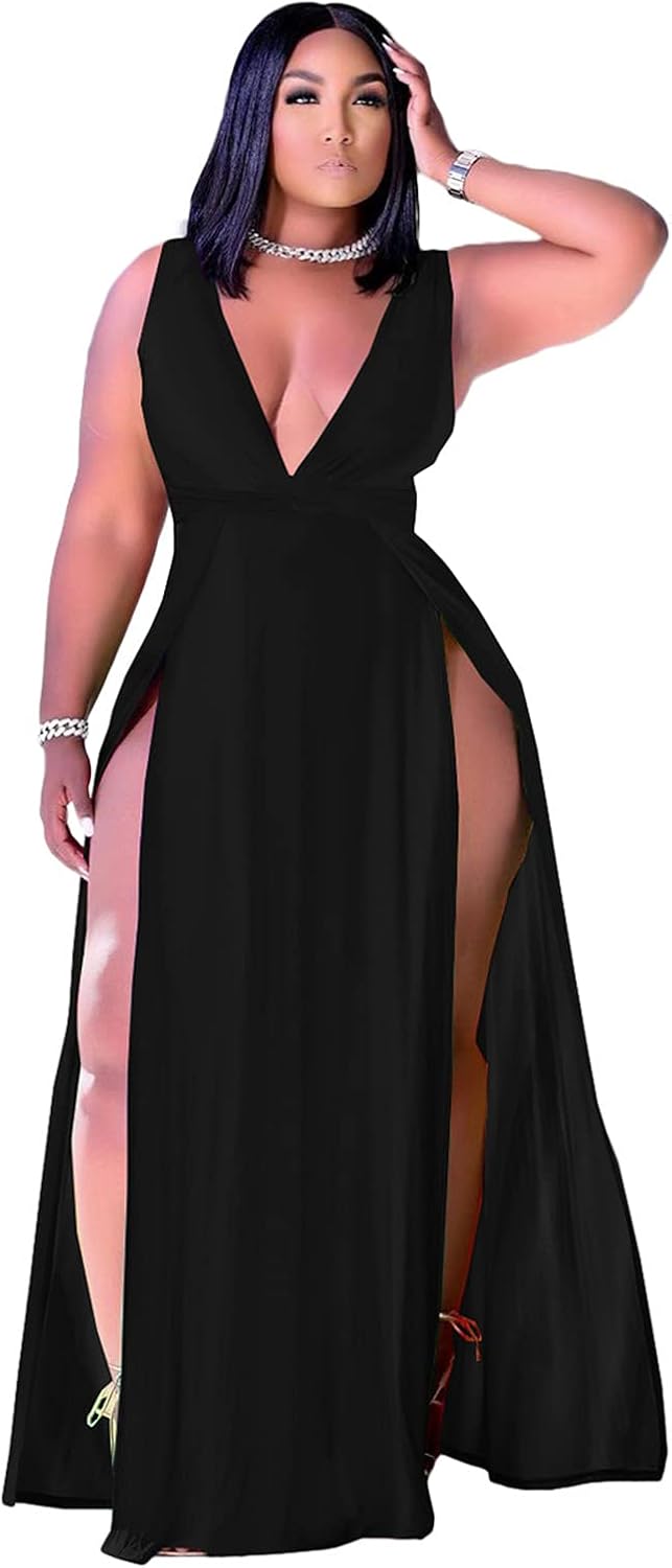Women's Plus Size Maxi Wrap Dress Sleeveless Deep V Neck Split Dress