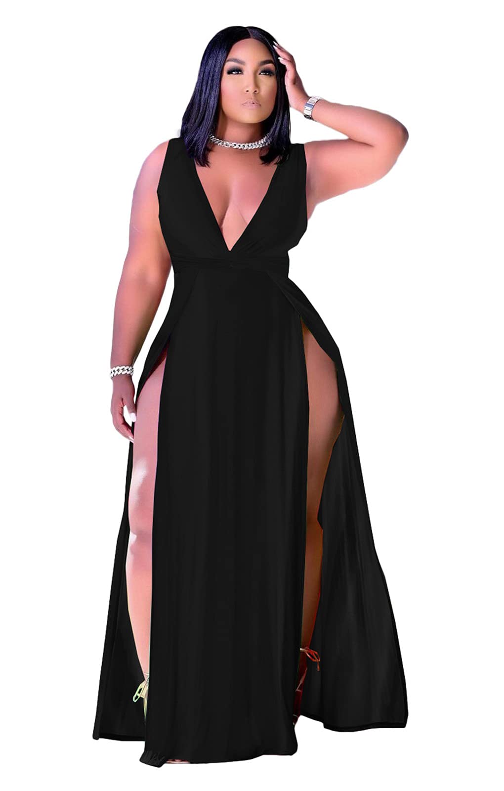 Women's Plus Size Maxi Wrap Dress Sleeveless Deep V Neck Split Dress