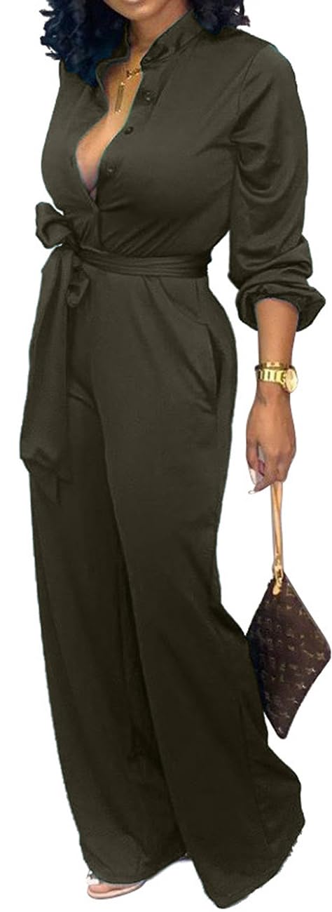 Women Jumpsuits For Elegant Sexy V Neck Long Sleeve Casual for Work Wide Leg Pants with Pockets Belt