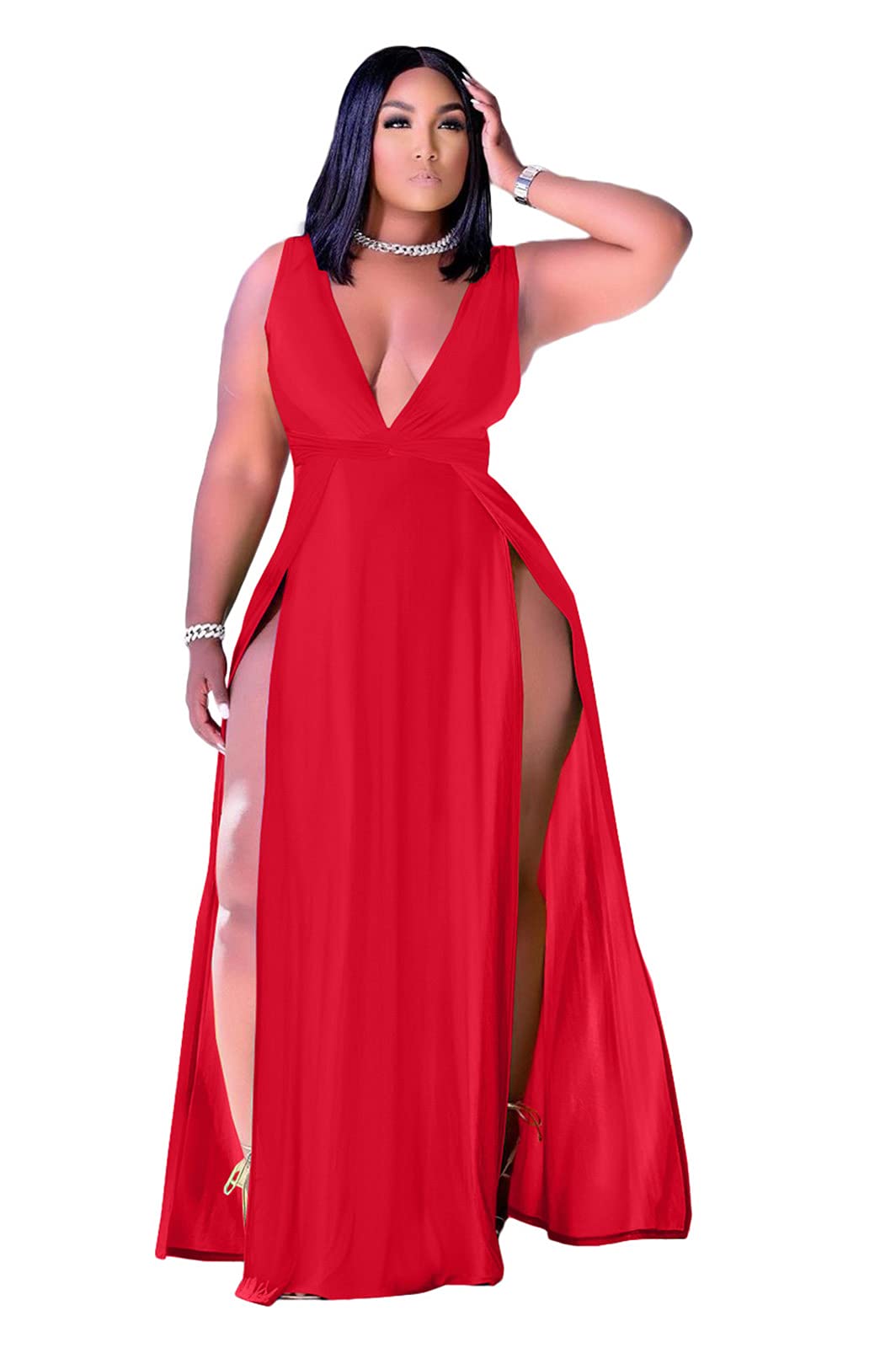 Women's Plus Size Maxi Wrap Dress Sleeveless Deep V Neck Split Dress