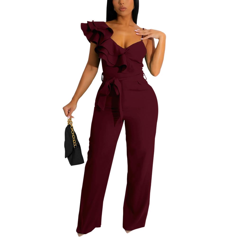 HBQ Womens Casual One Piece Jumpsuits V-Neck Sleeveless Ruffle Elegant Romper Wide Leg Pant Sexy Party Clubwear Overalls