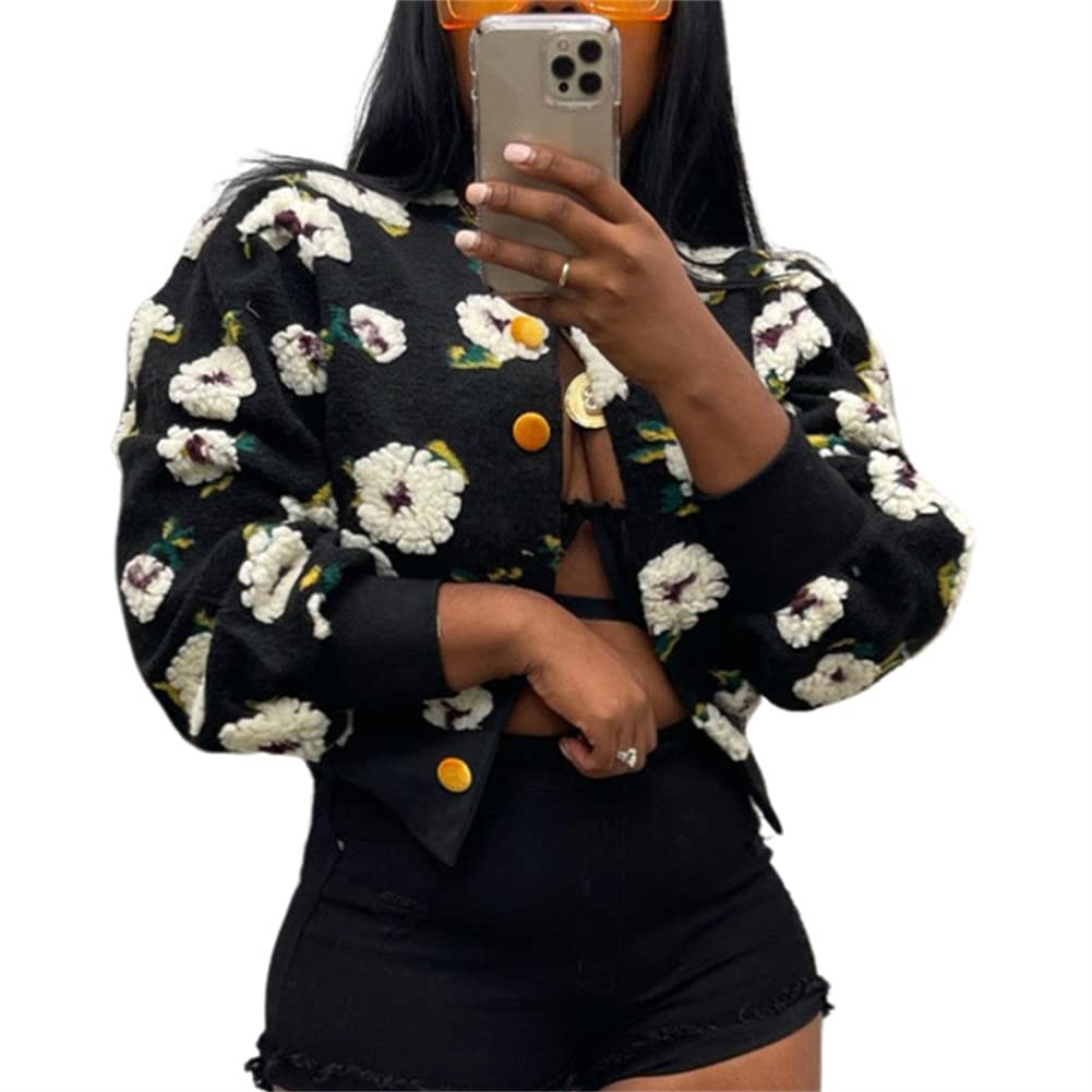 HOULENGS Women's Cropped Floral Print Fleece Bomber Jacket Casual Puff Sleeve Button Down Coats Winter Warm Outerwears