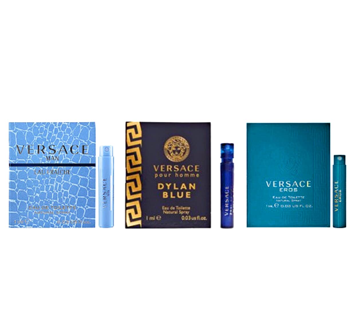 Set de 4 mini perfumes Versace para hombre: Eros, Pour Homme, Dylan Blue, Eau Fraiche. Muestras de perfumes para hombre (4 unidades, 0.17 oz). 