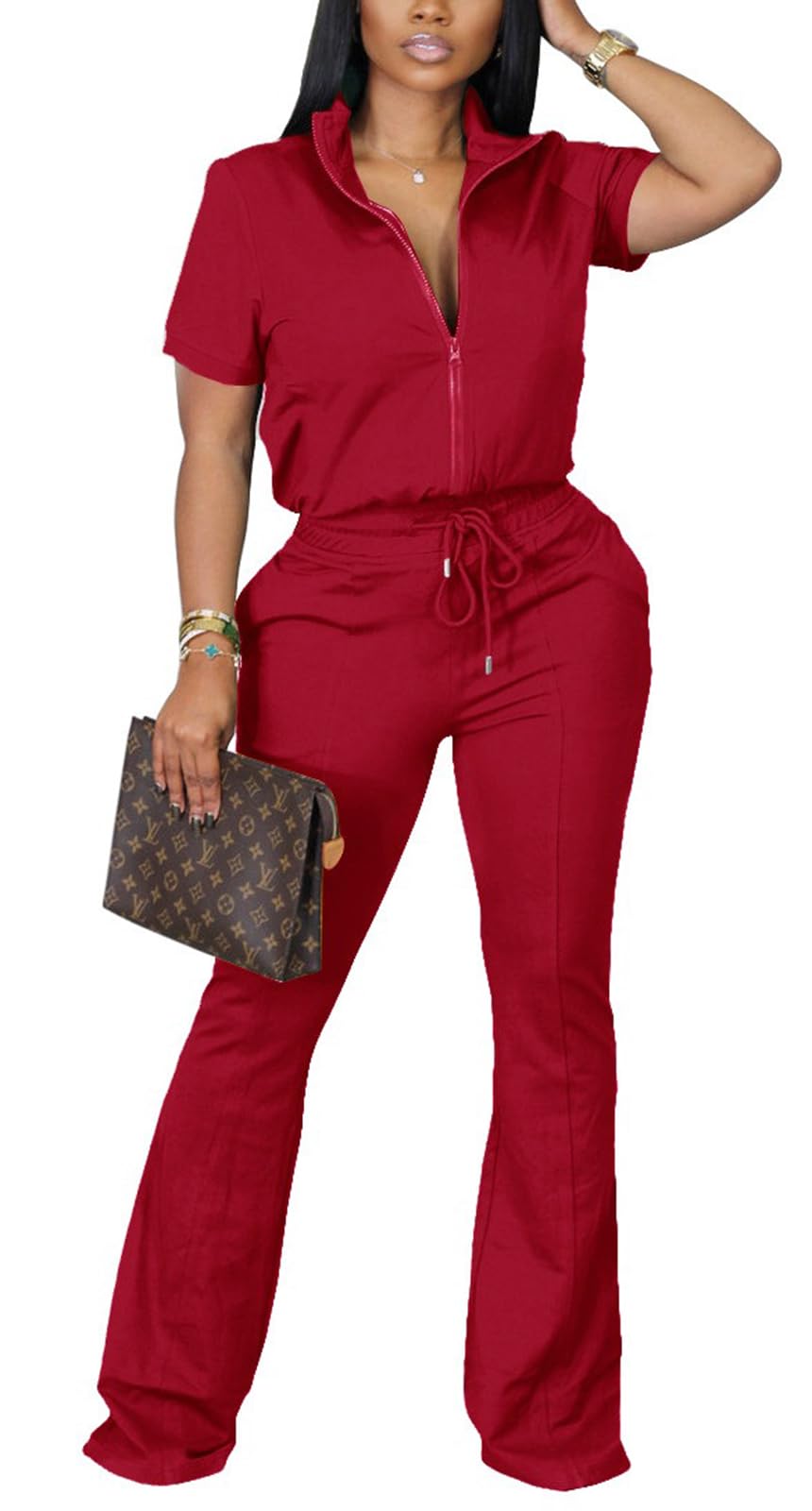 2 Piece Outfits for Women Short Sleeve Zipup Jacket Wide Leg Pants Retro Pure Color Tracksuit Sport Set Wine Red