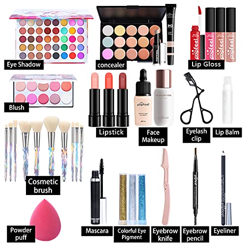 All-in-one Holiday Make up Gift Set | Makeup Kit for Women Full Kit Essential Starter Bundle Include Eyeshadow Palette Lipstick Blush Foundation Concealer Face Powder Mascara Lipgloss Brush