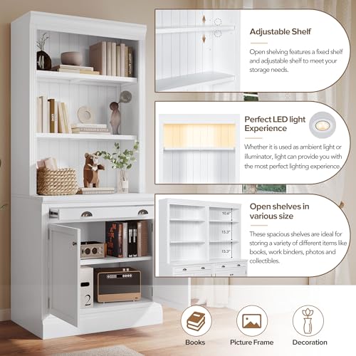 Merax 83.4" Tall Storage Bookshelf Bookcase Suite 2-Piece Set with LED Lighting,3 Drawer and Open Shelves for Home Office,White