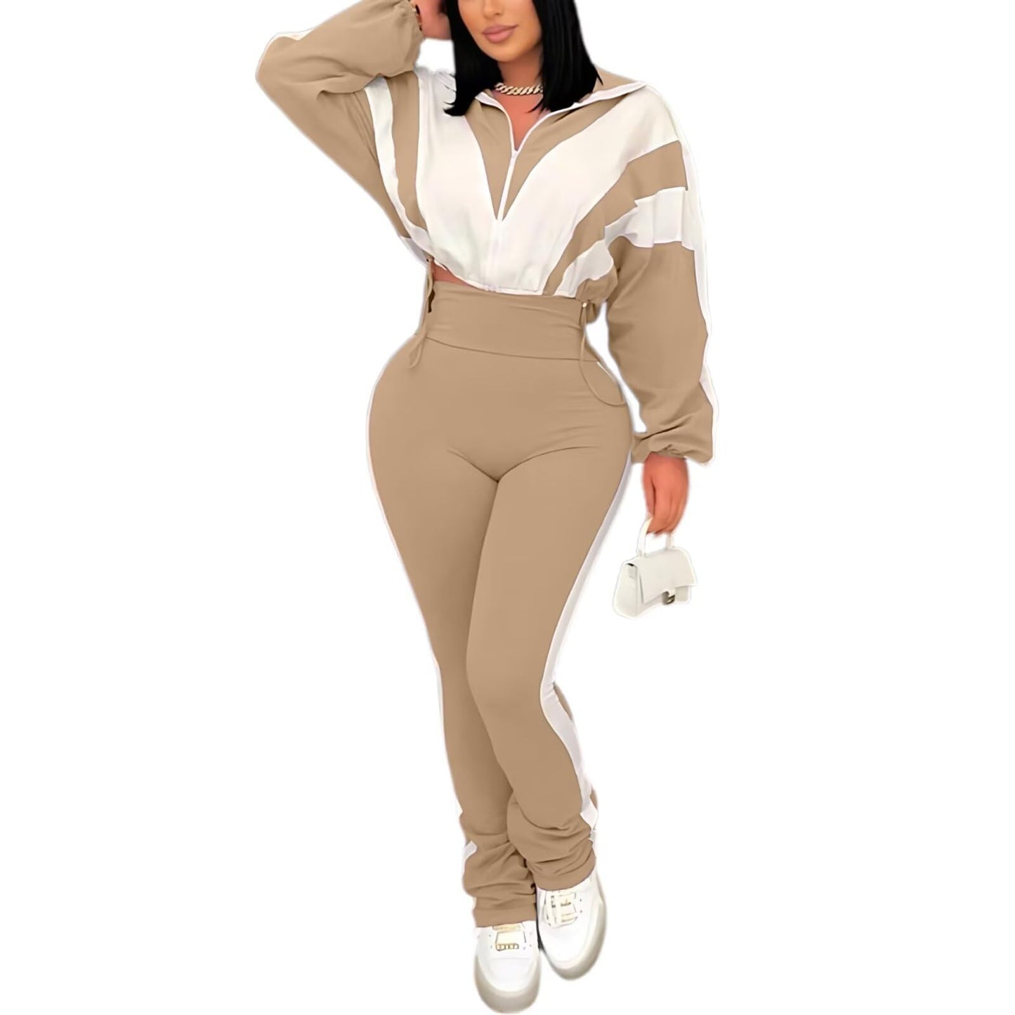 Remelon Womens 2 Piece Sweatsuits Color Block Long Sleeve Zipper Cropped Jacket Legging Pants Set Tracksuit Jogger Outfits