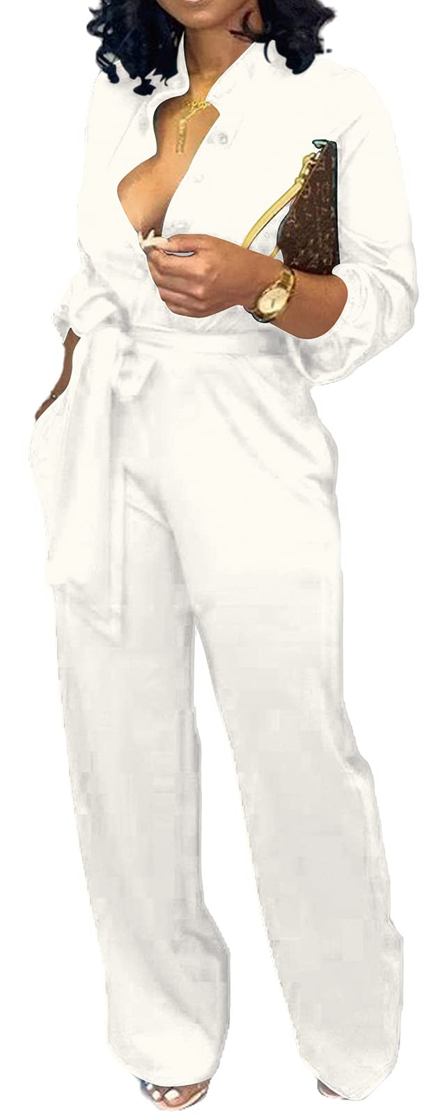 Women Jumpsuits For Elegant Sexy V Neck Long Sleeve Casual for Work Wide Leg Pants with Pockets Belt