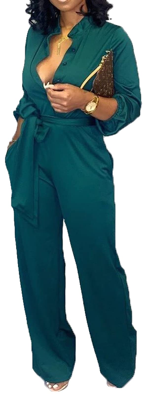 Women Jumpsuits For Elegant Sexy V Neck Long Sleeve Casual for Work Wide Leg Pants with Pockets Belt