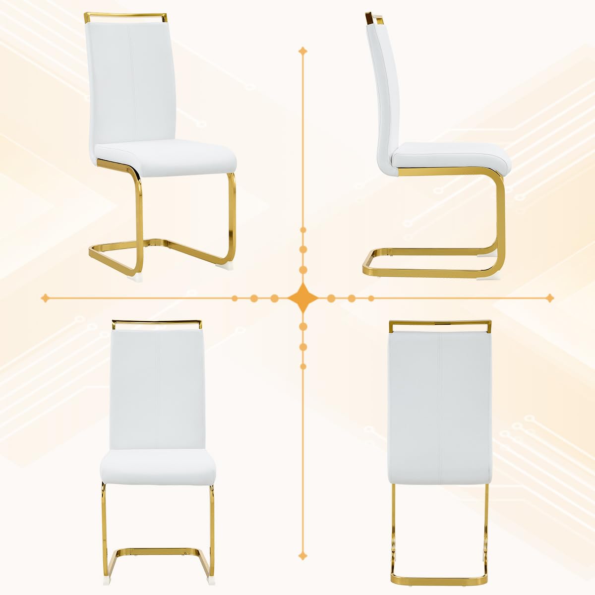 AZmac Modern Dining Table Set for 8 with Gold Metal Frame, 9-Piece Glass Dining Table with PU High Back Chairs for Kitchen Dining Room, Glass Table and 8 White Chairs