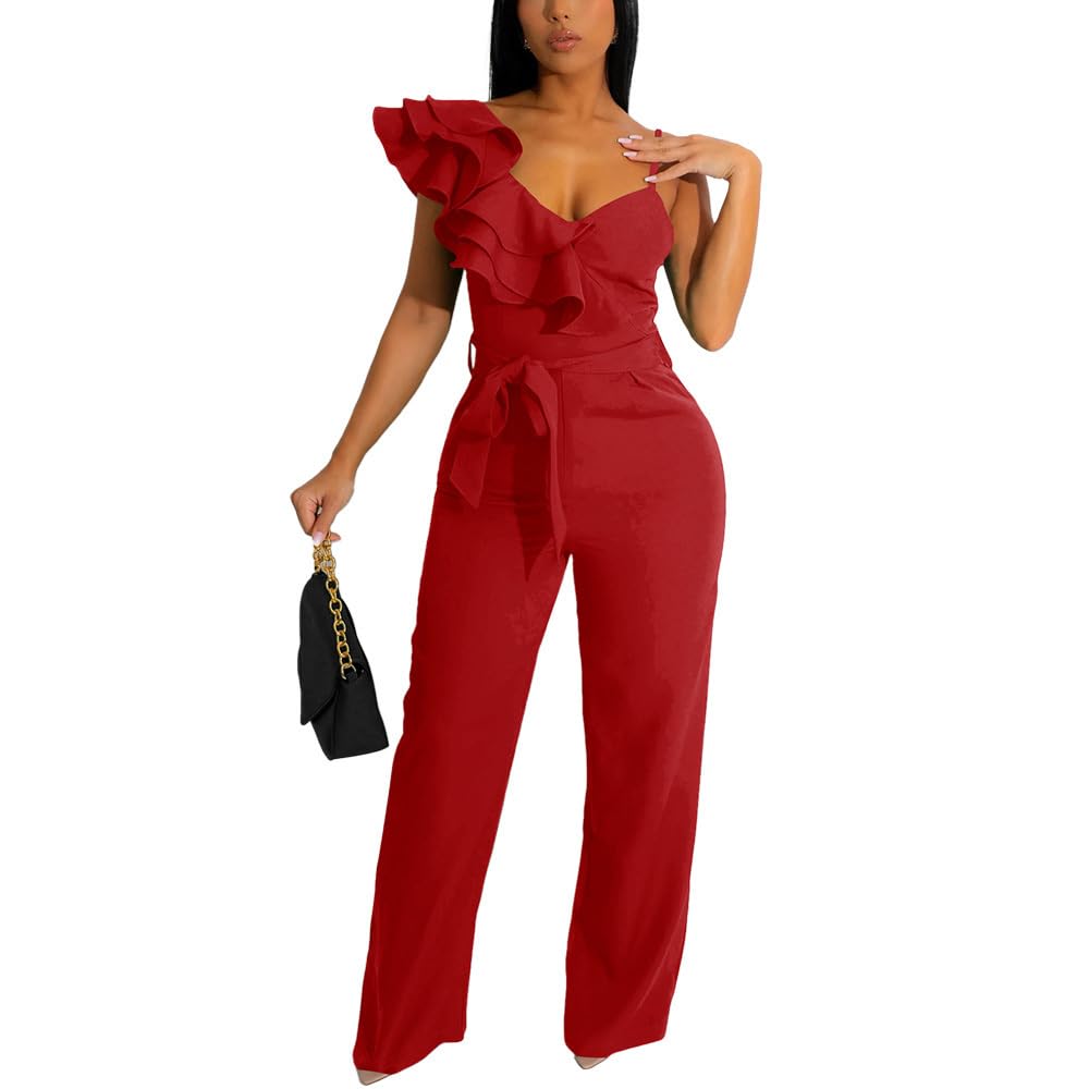 HBQ Womens Casual One Piece Jumpsuits V-Neck Sleeveless Ruffle Elegant Romper Wide Leg Pant Sexy Party Clubwear Overalls