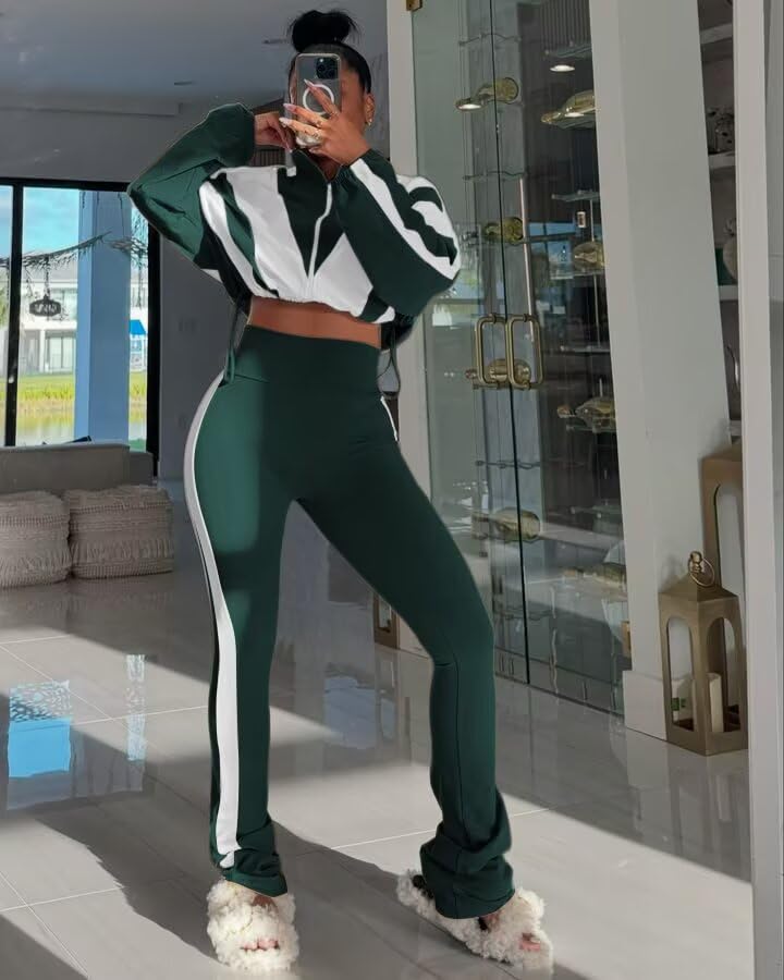 Remelon Womens 2 Piece Sweatsuits Color Block Long Sleeve Zipper Cropped Jacket Legging Pants Set Tracksuit Jogger Outfits