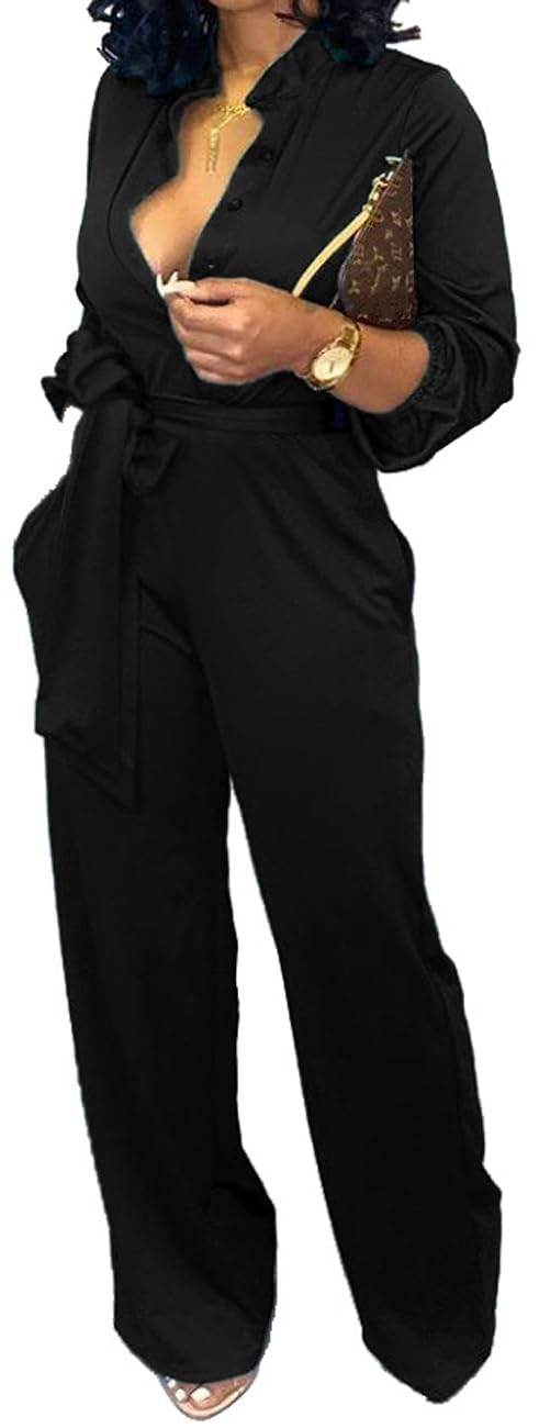 Women Jumpsuits For Elegant Sexy V Neck Long Sleeve Casual for Work Wide Leg Pants with Pockets Belt