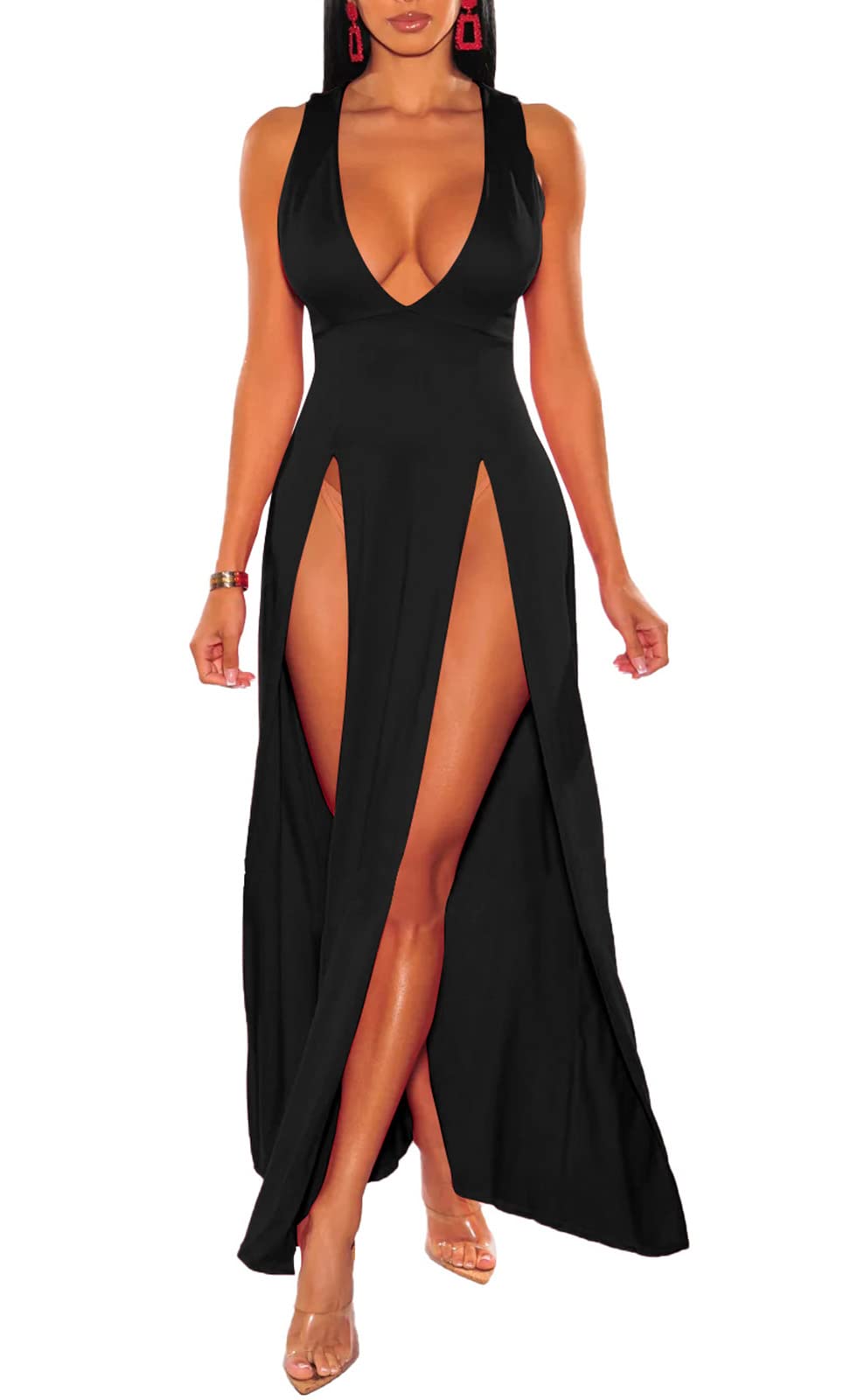 Women's Plus Size Maxi Wrap Dress Sleeveless Deep V Neck Split Dress