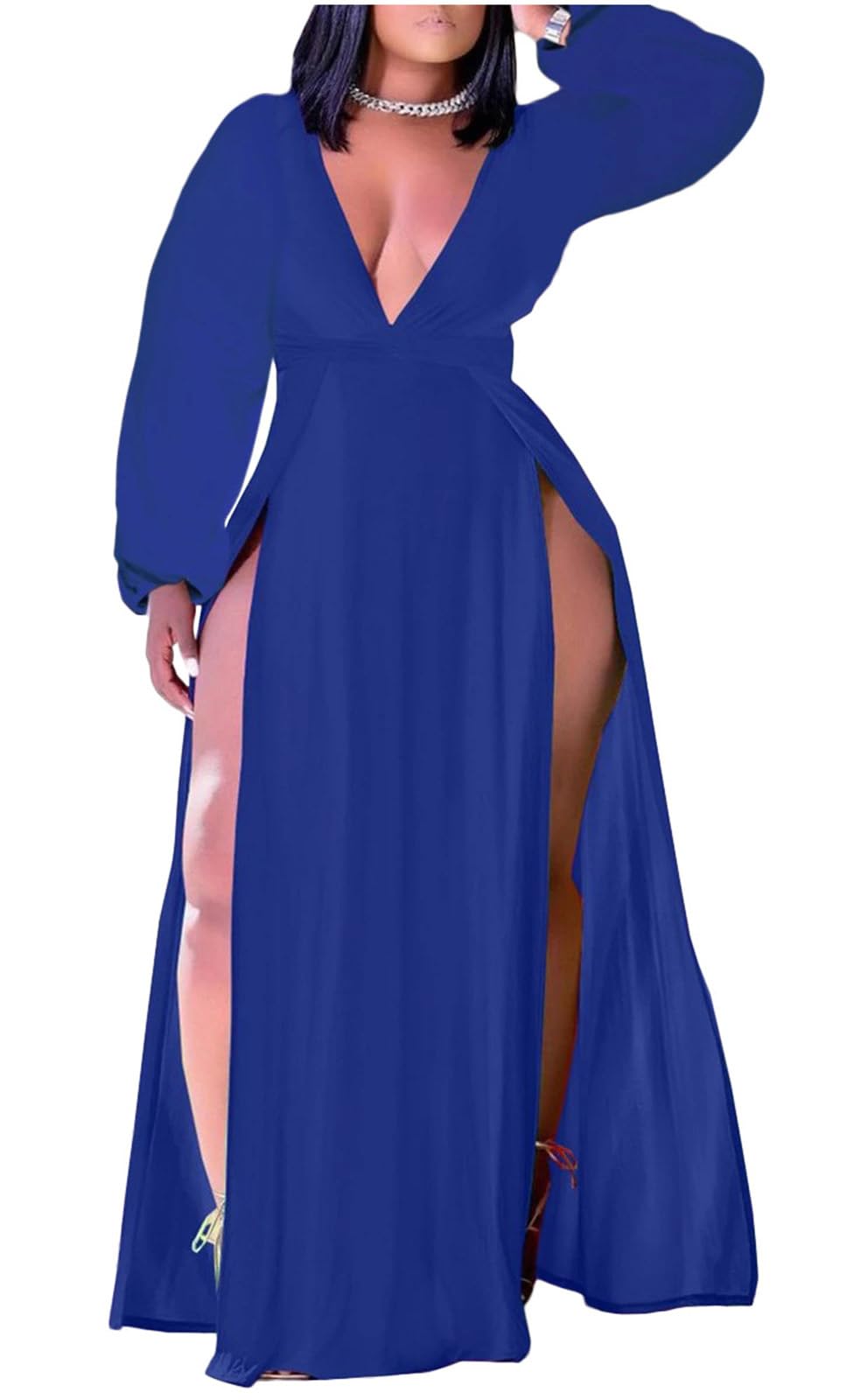 Women's Plus Size Maxi Wrap Dress Sleeveless Deep V Neck Split Dress